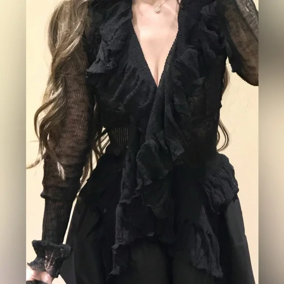 ✨Black Multi-Knit Ruffled Cardigan | Ruffled Trim & Sheer | Statement Piece - Picture 3 of 8